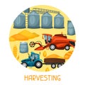 Harvesting background. Combine harvester, tractor and granary. Agricultural illustration farm rural landscape