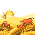 Harvesting background. Combine harvester, tractor and granary on wheat field. Royalty Free Stock Photo