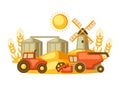 Harvesting background. Combine harvester, tractor and granary on wheat field.