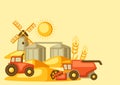 Harvesting background. Combine harvester, tractor and granary on wheat field.