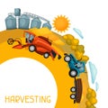 Harvesting background. Combine harvester, tractor and granary on wheat field. Agricultural illustration farm rural Royalty Free Stock Photo