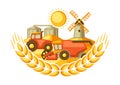 Harvesting background. Combine harvester, tractor and granary on wheat field. Royalty Free Stock Photo