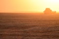 Harvesting by combines at sunset.