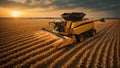 Harvesting of corn fields with combine, Corn picker harvesting a large filed of sweet Corn with sunset sky. ai generative Royalty Free Stock Photo