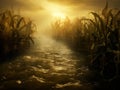 Harvesting corn into the flood water