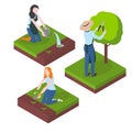 Harvesting and Farming. Gardening and agriculture. Flat gardener character. Watering, seeding and cutting trees