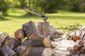 Chopped firewood and wooden axe Royalty Free Stock Photo