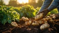 Harvesting Fresh Potatoes With Hands From Soil Royalty Free Stock Photo