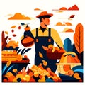 Harvesting of fruits and vegetables. Farmer with a basket of vegetables. Vector illustration in flat style AI generated