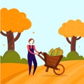 Harvesting girl vector illustration. Farming concept with corn with nature background with trees