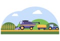 Harvesting. The harvester collects wheat in a tractor trailer. Farm landscape in flat design. Screensaver for the site Royalty Free Stock Photo