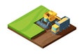 Harvesting isometric illustration. Combine vibrant harvester and agricultural machine collect wheat in field, concept