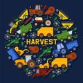 Harvesting machines banner vector illustration. Equipment for agriculture. Industrial farm vehicles, tractors transport Royalty Free Stock Photo