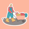 Harvesting. A man is harvesting. Sticker. Cart with pumpkins. Agricultural autumn work. Flat illustration Royalty Free Stock Photo