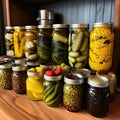 Harvesting many types of fermented gut healthy pickles in mason jars