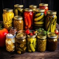 Harvesting many types of fermented gut healthy pickles in mason jars