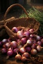 Harvesting onions in a basket, close-up.Generative AI