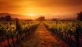 Harvesting ripe grapes in a tranquil Italian vineyard at dawn generated by AI
