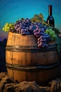 Harvesting Ripe Wine Grapes. wine barrel. vibrant sunset. Royalty Free Stock Photo