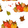 harvesting seamless pattern with ripe pumpkins and autumn leaves