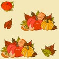 harvesting seamless pattern with ripe pumpkins and autumn leaves