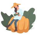 Harvesting season in farm, woman drinking tea sitting on pumpkin