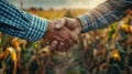 Harvesting Success: Two Farmers Shake Hands in Corn Field, Happy with Agreement Royalty Free Stock Photo