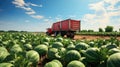 Harvesting watermelons. Ripe watermelons in the field. Generative AI.