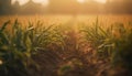 Harvesting wheat in a tranquil meadow at sunset, macro close up generated by AI