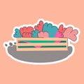 Harvesting. Wooden box with vegetable herbs. Sticker. Flat isolated illustration