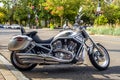 Harvey Davidson gray motorcycle parked on a street