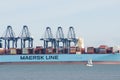 Part of Maersk Line Container Ship in Port at Flexistowe with cranes