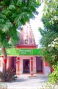 A rural village landscape consisting of lush greenery, a Hindu temple