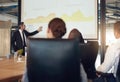 He has everyones attention in the meeting. an executive giving a presentation on a projection screen to a group of Royalty Free Stock Photo