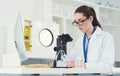 She has her work cut cut out for her. a focused young female scientist looking through a microscope while doing tests