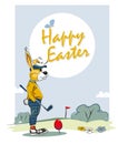 Easter bunny playing golf - Happy Easter card