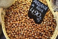 Haselnut in basket with price tag Royalty Free Stock Photo