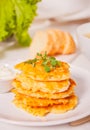 Hash browns potato pancakes draniki on the white plate. Breakfast