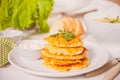 Hash browns potato pancakes draniki on the white plate. Breakfast