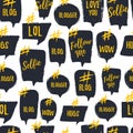 Hashtag bubble seamless pattern with trendy young slang words. Blogging Vector illustration