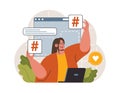 Hashtag. Character using digital device for sending posts and sharing