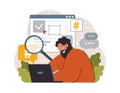 Hashtag. Character using digital device for sending posts and sharing