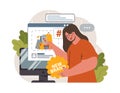 Hashtag. Character using digital device for sending posts and sharing