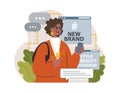 Hashtag. Character using digital device for sending posts and sharing