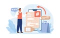 Hashtag. Character using digital device for sending posts and sharing