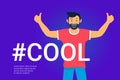 Hashtag cool concept flat vector illustration of happy guy smiling and making thumbs up with both hands