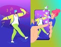 Hashtag duet challenge concept vector illustration of two young teenagers blowing a big bubble gum Royalty Free Stock Photo