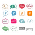 Hashtag flat vector icons set