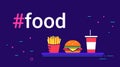 Hashtag food concept flat vector illustration of big burger with french fries and milk shake on the tray