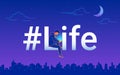 Hashtag life gradient concept vector illustrationn of young man using smartphone sitting on letters life